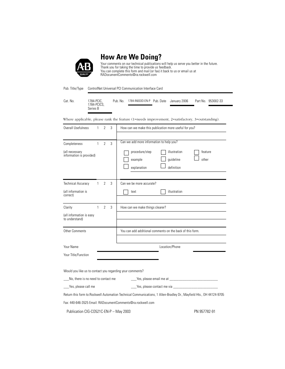 How are we doing | Rockwell Automation 1784-PCIC ControlNet PCI Communication Interface Card Installation Instructions User Manual | Page 55 / 58