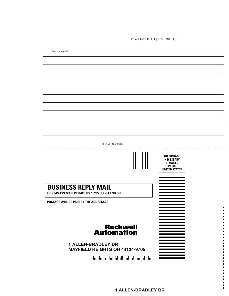 Business reply mail | Rockwell Automation 1784-PCIC ControlNet PCI Communication Interface Card Installation Instructions User Manual | Page 56 / 58