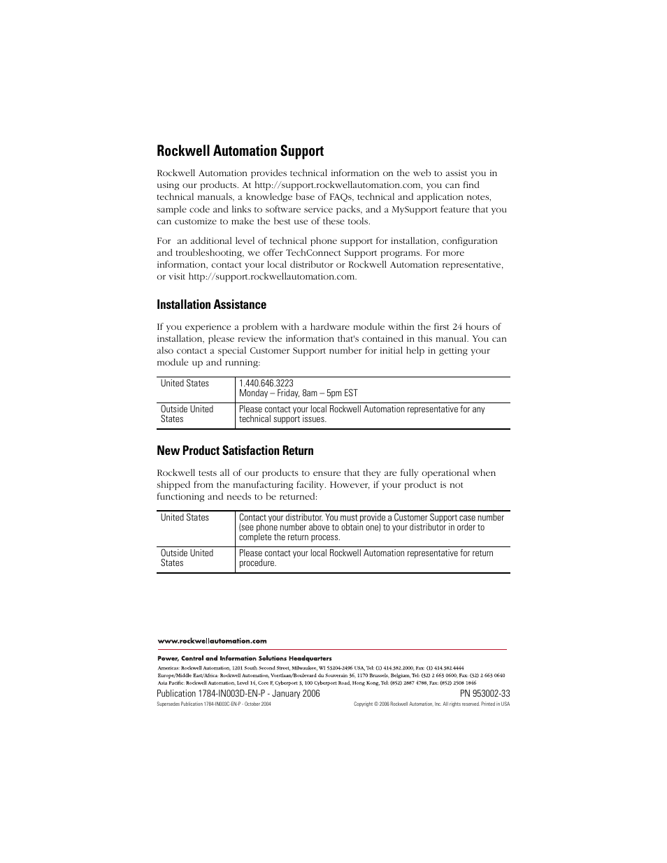 Back cover, Rockwell automation support, Installation assistance | New product satisfaction return | Rockwell Automation 1784-PCIC ControlNet PCI Communication Interface Card Installation Instructions User Manual | Page 58 / 58
