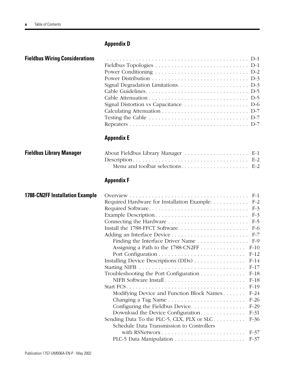 Fieldbus topologies d-1, Power conditioning d-2, Power distribution d-3 | Signal degradation limitations d-3, Cable guidelines d-5, Cable attenuation d-5, Signal distortion vs capacitance d-6, Calculating attenuation d-7, Testing the cable d-7, Repeaters d-7 | Rockwell Automation PLC-5 Fieldbus Solutions for Integrated Architecture User Manual User Manual | Page 12 / 309