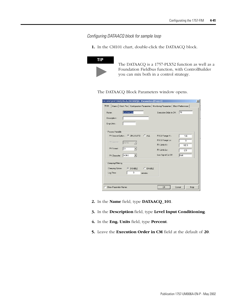 Configuring dataacq block for sample loop | Rockwell Automation PLC-5 Fieldbus Solutions for Integrated Architecture User Manual User Manual | Page 127 / 309