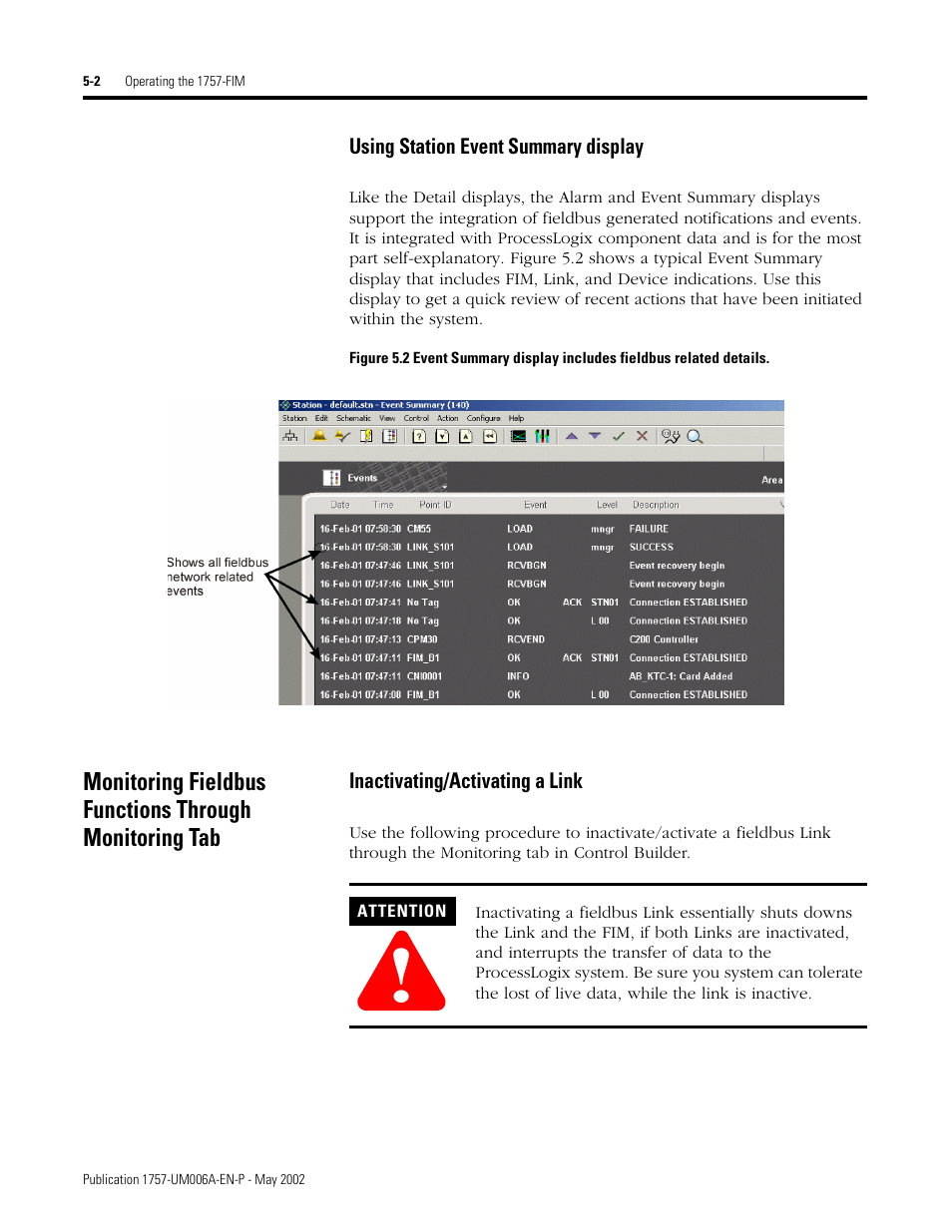 Using station event summary display, Inactivating/activating a link | Rockwell Automation PLC-5 Fieldbus Solutions for Integrated Architecture User Manual User Manual | Page 148 / 309
