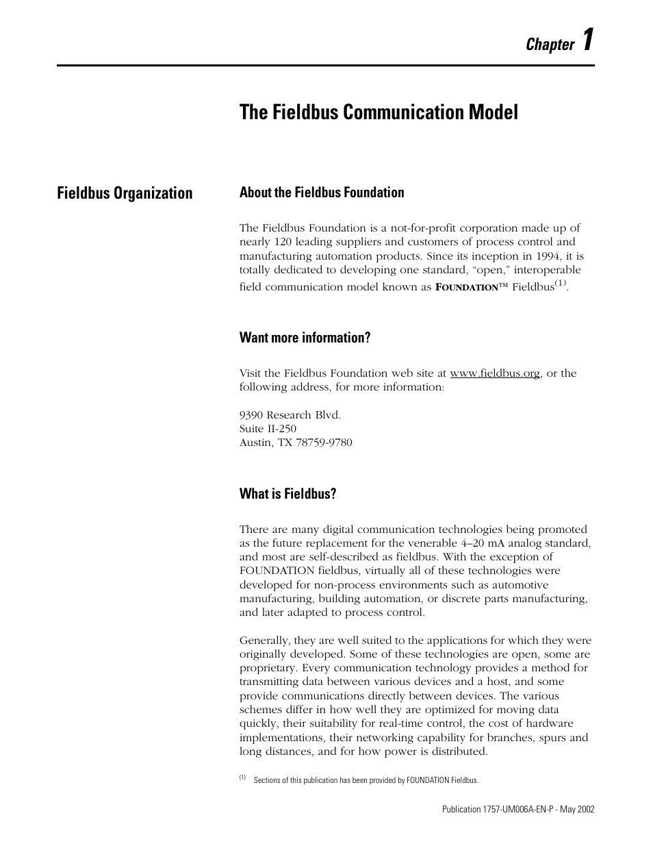 1 - the fieldbus communication module, Fieldbus organization, About the fieldbus foundation | Want more information, What is fieldbus, Chapter 1, The fieldbus communication model, Fieldbus organization -1, Chapter | Rockwell Automation PLC-5 Fieldbus Solutions for Integrated Architecture User Manual User Manual | Page 15 / 309