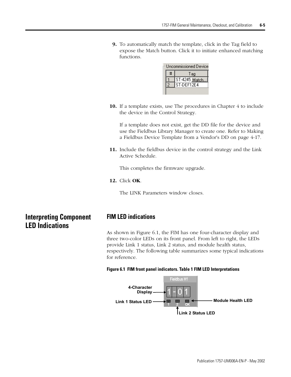 Interpreting component led indications, Fim led indications | Rockwell Automation PLC-5 Fieldbus Solutions for Integrated Architecture User Manual User Manual | Page 159 / 309