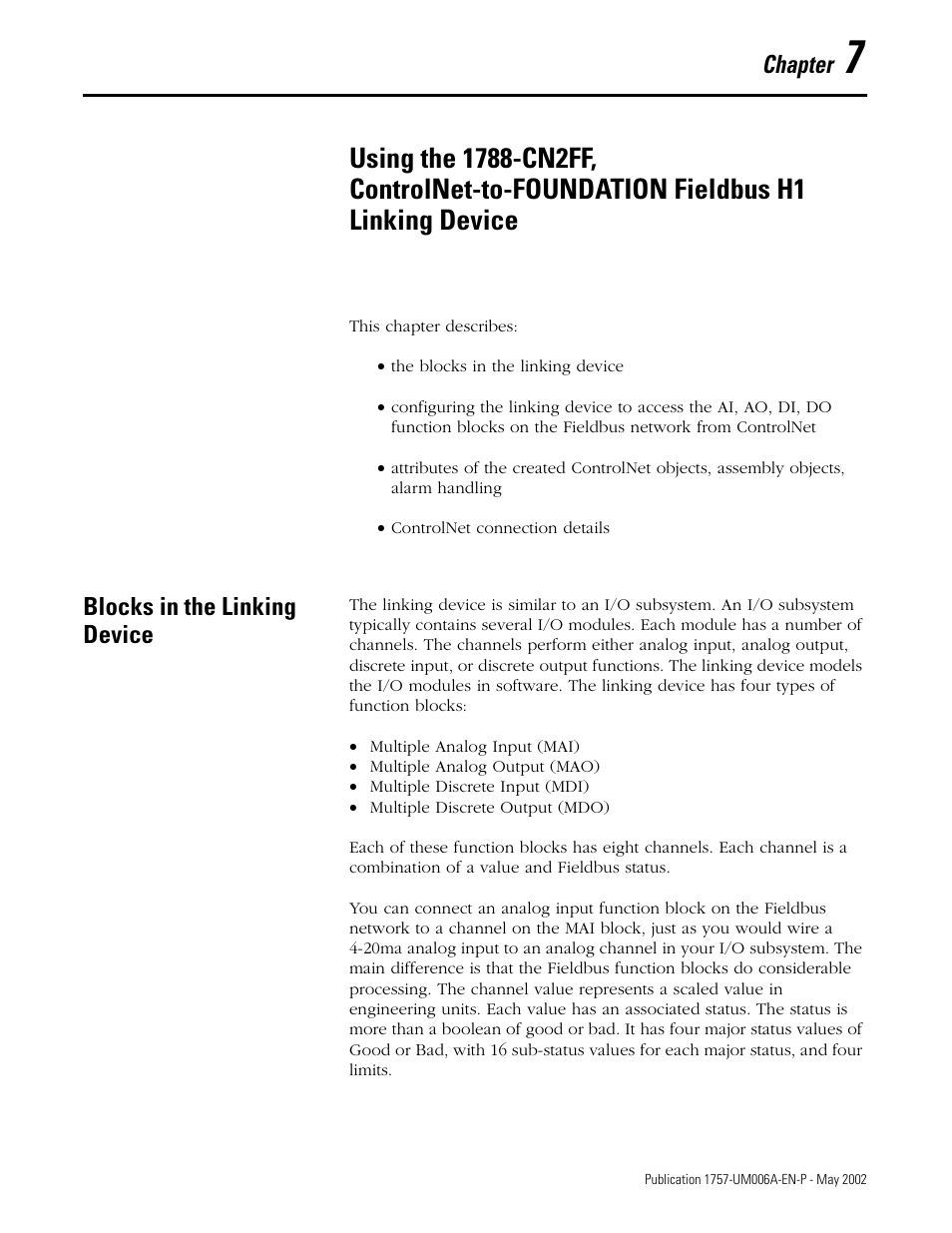 Blocks in the linking device, Chapter | Rockwell Automation PLC-5 Fieldbus Solutions for Integrated Architecture User Manual User Manual | Page 161 / 309