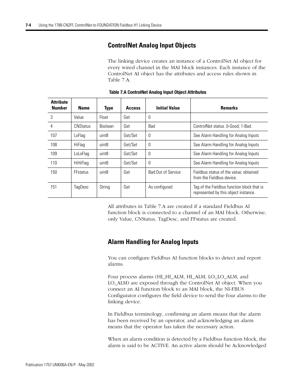 Controlnet analog input objects, Alarm handling for analog inputs | Rockwell Automation PLC-5 Fieldbus Solutions for Integrated Architecture User Manual User Manual | Page 164 / 309