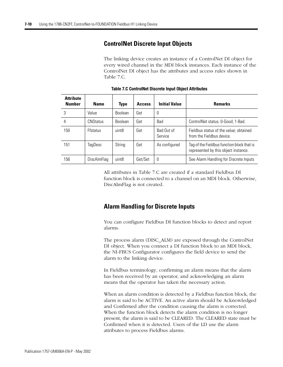 Controlnet discrete input objects, Alarm handling for discrete inputs | Rockwell Automation PLC-5 Fieldbus Solutions for Integrated Architecture User Manual User Manual | Page 170 / 309