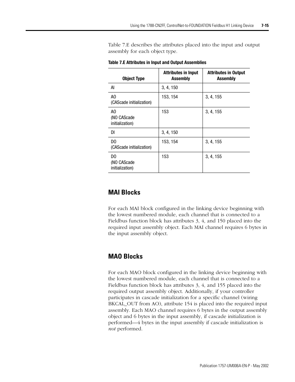 Mai blocks, Mao blocks | Rockwell Automation PLC-5 Fieldbus Solutions for Integrated Architecture User Manual User Manual | Page 175 / 309