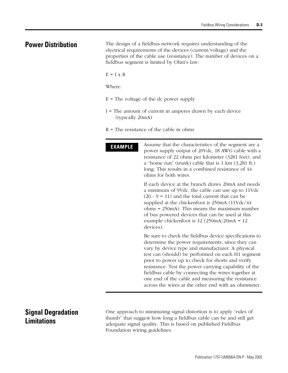 Power distribution, Signal degradation limitations | Rockwell Automation PLC-5 Fieldbus Solutions for Integrated Architecture User Manual User Manual | Page 239 / 309