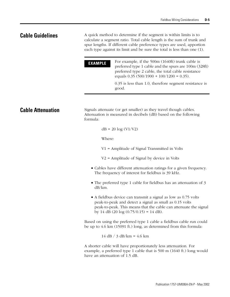 Cable guidelines, Cable attenuation | Rockwell Automation PLC-5 Fieldbus Solutions for Integrated Architecture User Manual User Manual | Page 241 / 309