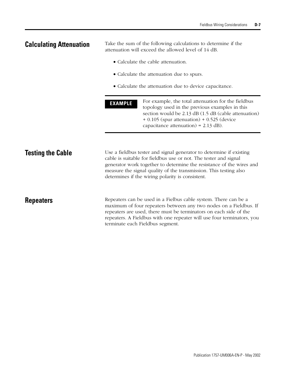 Calculating attenuation, Testing the cable, Repeaters | Rockwell Automation PLC-5 Fieldbus Solutions for Integrated Architecture User Manual User Manual | Page 243 / 309
