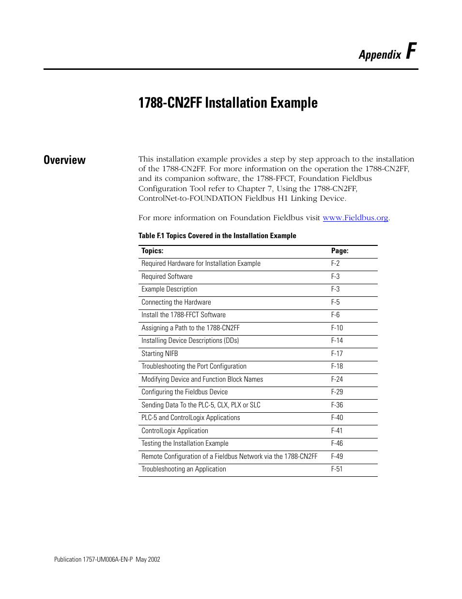 F - 1788-cn2ff installation example, Overview, Appendix | Rockwell Automation PLC-5 Fieldbus Solutions for Integrated Architecture User Manual User Manual | Page 249 / 309
