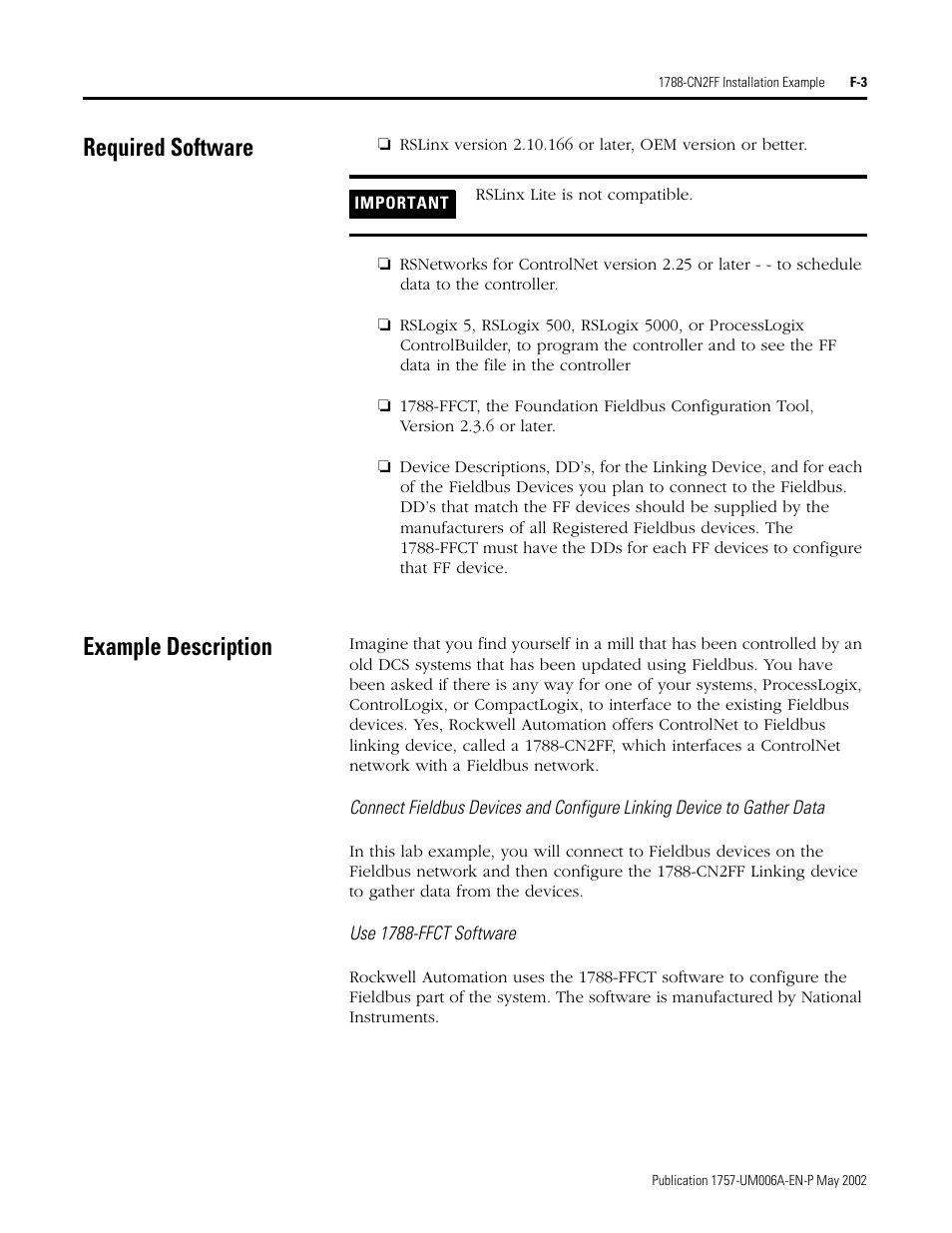 Required software, Example description, Use 1788-ffct software | Rockwell Automation PLC-5 Fieldbus Solutions for Integrated Architecture User Manual User Manual | Page 251 / 309