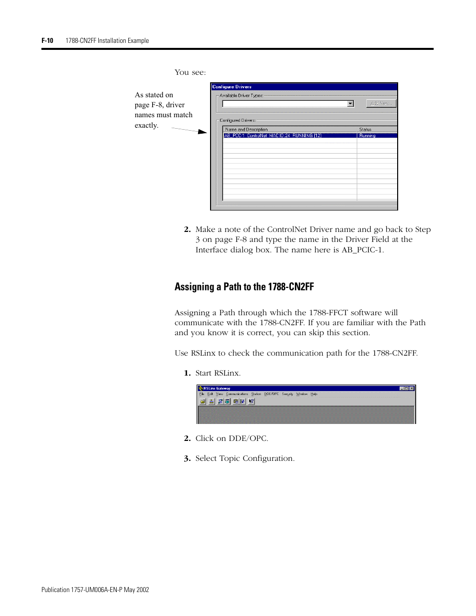 Assigning a path to the 1788-cn2ff, F-10 | Rockwell Automation PLC-5 Fieldbus Solutions for Integrated Architecture User Manual User Manual | Page 258 / 309