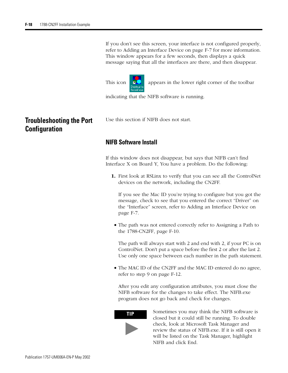 Troubleshooting the port configuration, Nifb software install, F-18 | Rockwell Automation PLC-5 Fieldbus Solutions for Integrated Architecture User Manual User Manual | Page 266 / 309