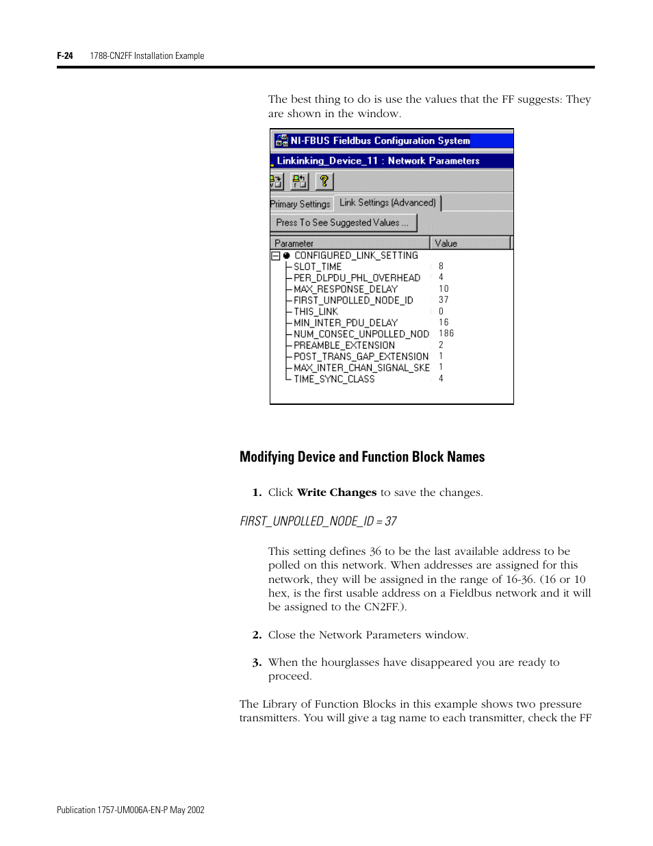 Modifying device and function block names, First_unpolled_node_id = 37, F-24 | Rockwell Automation PLC-5 Fieldbus Solutions for Integrated Architecture User Manual User Manual | Page 272 / 309