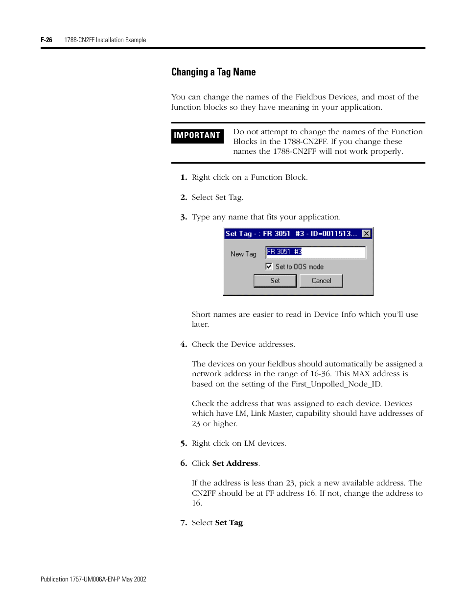 Changing a tag name | Rockwell Automation PLC-5 Fieldbus Solutions for Integrated Architecture User Manual User Manual | Page 274 / 309