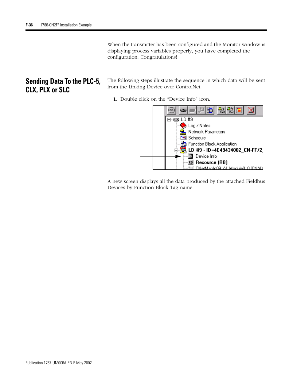 Sending data to the plc-5, clx, plx or slc, F-36 | Rockwell Automation PLC-5 Fieldbus Solutions for Integrated Architecture User Manual User Manual | Page 284 / 309