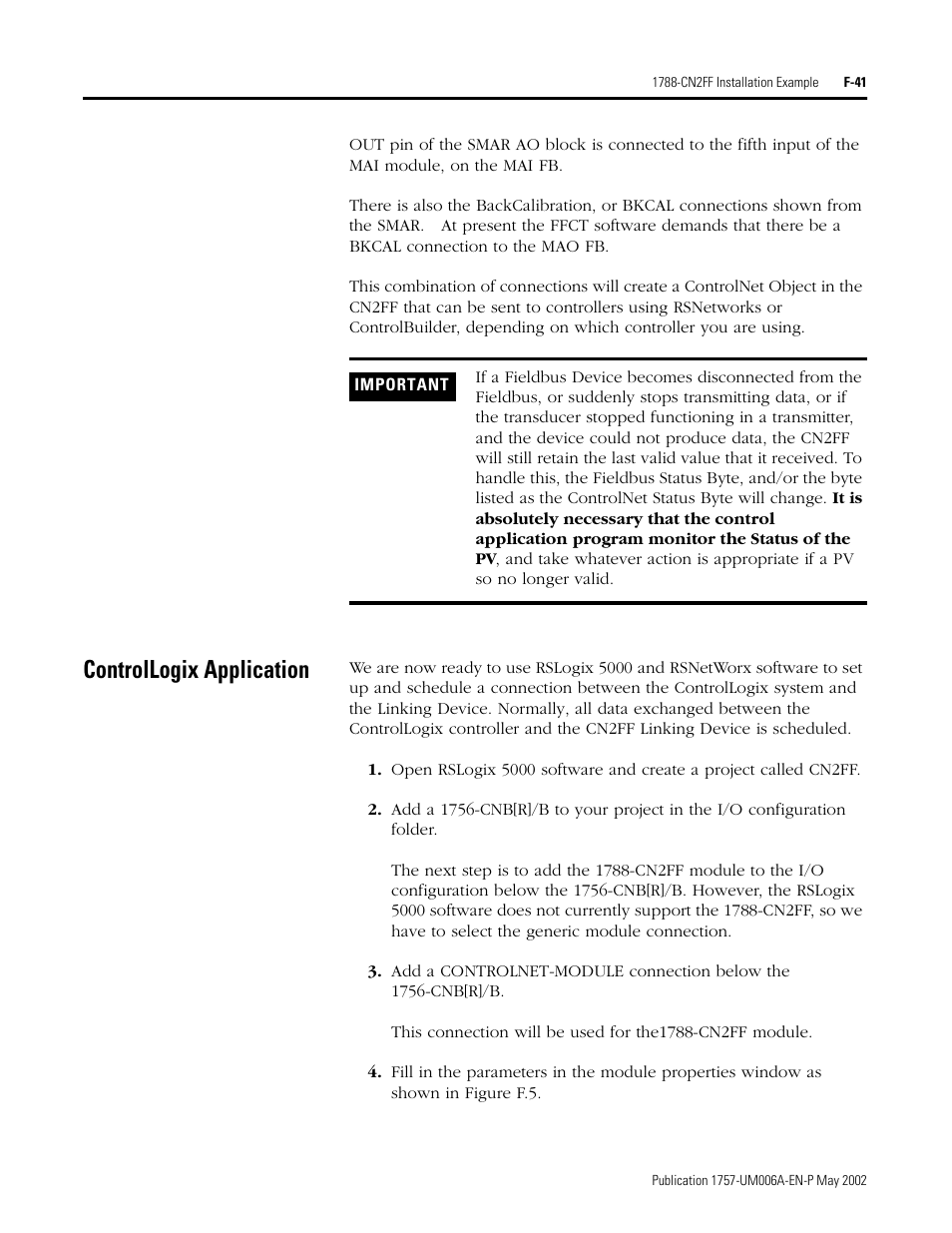 Controllogix application, F-41 | Rockwell Automation PLC-5 Fieldbus Solutions for Integrated Architecture User Manual User Manual | Page 289 / 309