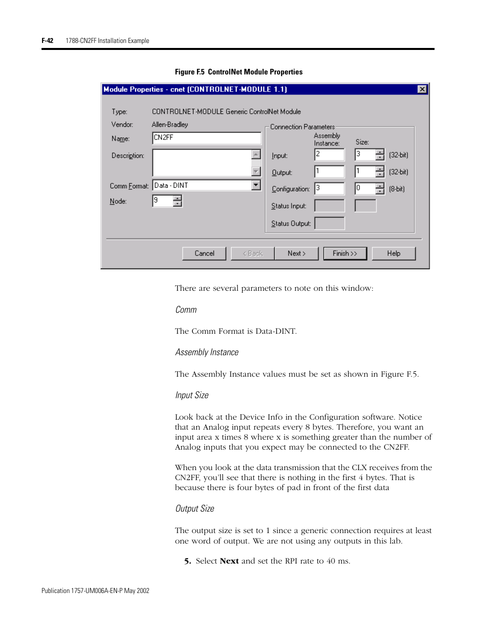 Comm, Assembly instance, Input size | Output size | Rockwell Automation PLC-5 Fieldbus Solutions for Integrated Architecture User Manual User Manual | Page 290 / 309