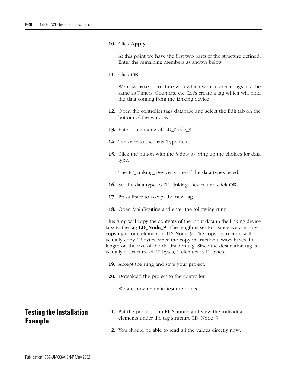 Testing the installation example, F-46 | Rockwell Automation PLC-5 Fieldbus Solutions for Integrated Architecture User Manual User Manual | Page 294 / 309
