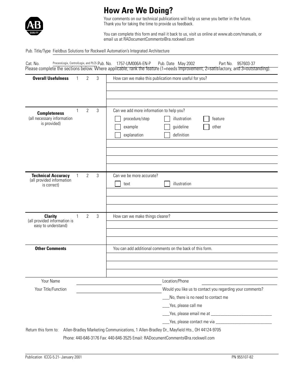 How are we doing | Rockwell Automation PLC-5 Fieldbus Solutions for Integrated Architecture User Manual User Manual | Page 305 / 309