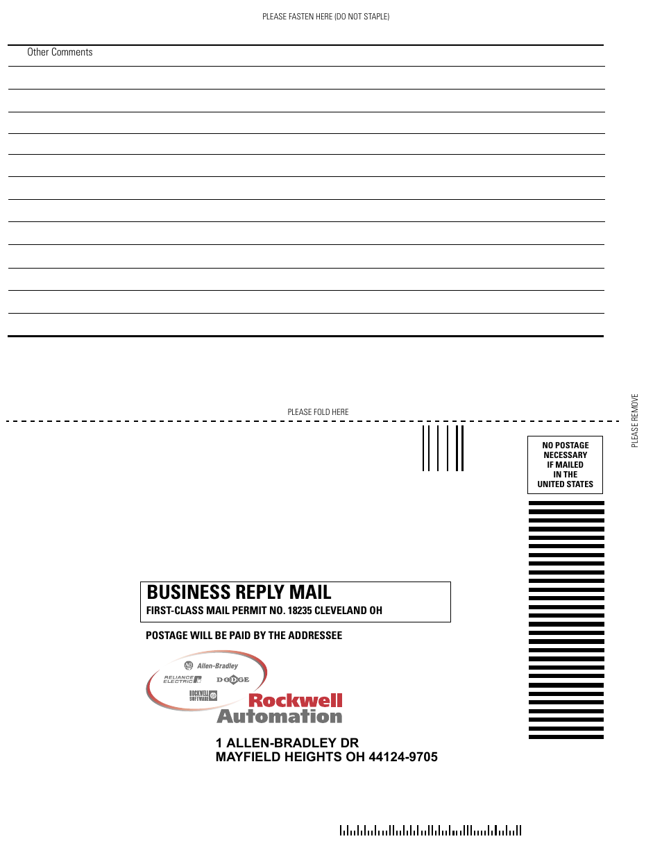 Business reply mail | Rockwell Automation PLC-5 Fieldbus Solutions for Integrated Architecture User Manual User Manual | Page 306 / 309