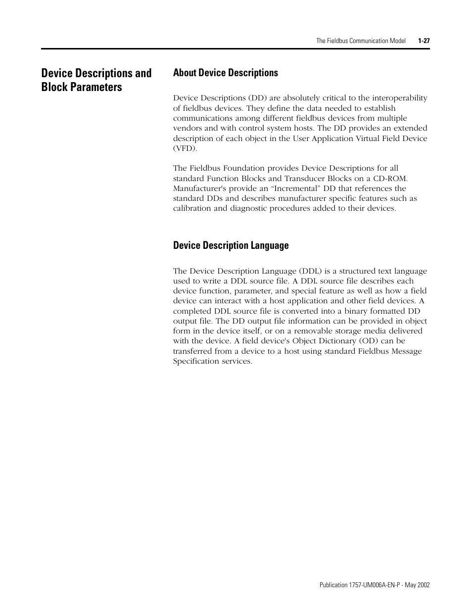 Device descriptions and block parameters, About device descriptions, Device description language | Device descriptions and block parameters -27 | Rockwell Automation PLC-5 Fieldbus Solutions for Integrated Architecture User Manual User Manual | Page 41 / 309