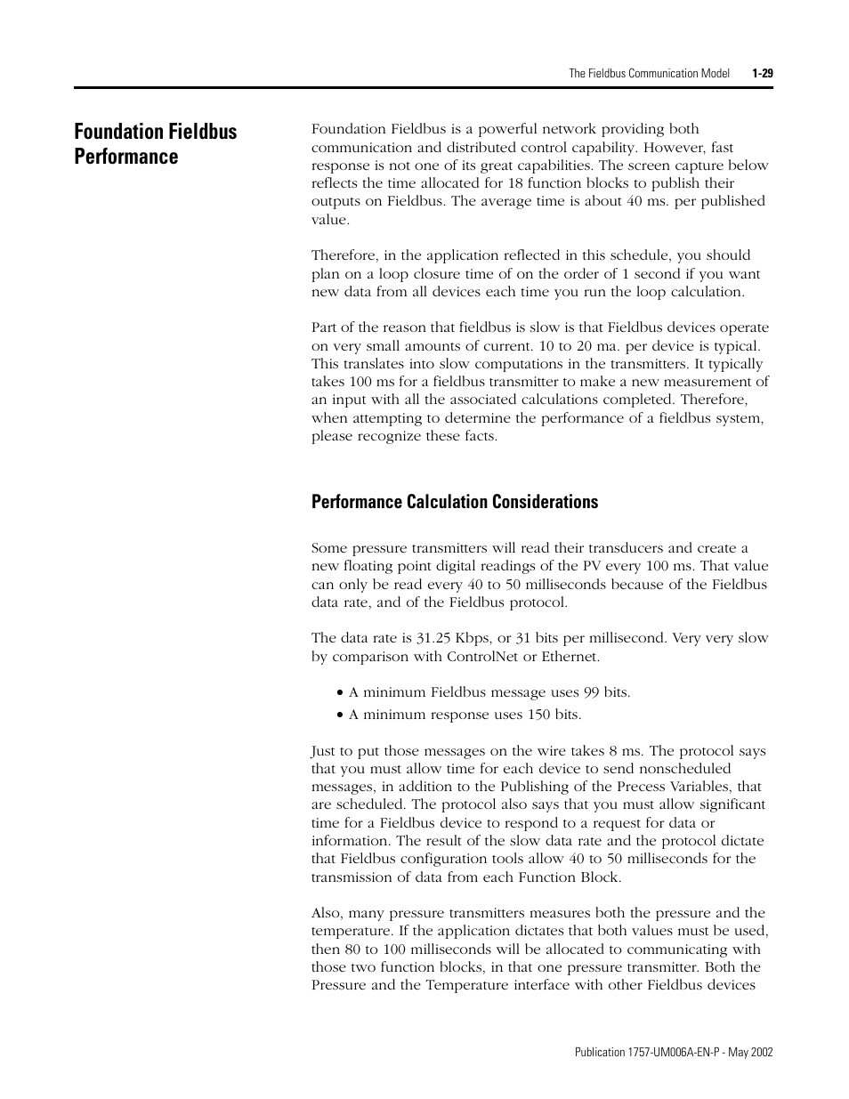 Foundation fieldbus performance, Performance calculation considerations, Foundation fieldbus performance -29 | Performance calculation considerations -29, Live list and uncommissioned devices -29 | Rockwell Automation PLC-5 Fieldbus Solutions for Integrated Architecture User Manual User Manual | Page 43 / 309