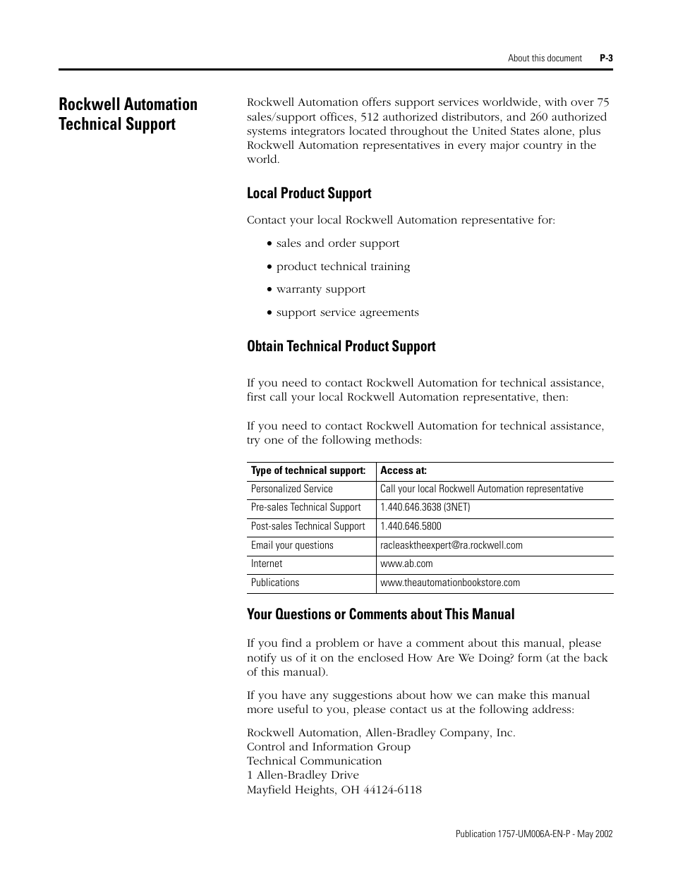 Rockwell automation technical support, Local product support, Obtain technical product support | Your questions or comments about this manual | Rockwell Automation PLC-5 Fieldbus Solutions for Integrated Architecture User Manual User Manual | Page 5 / 309