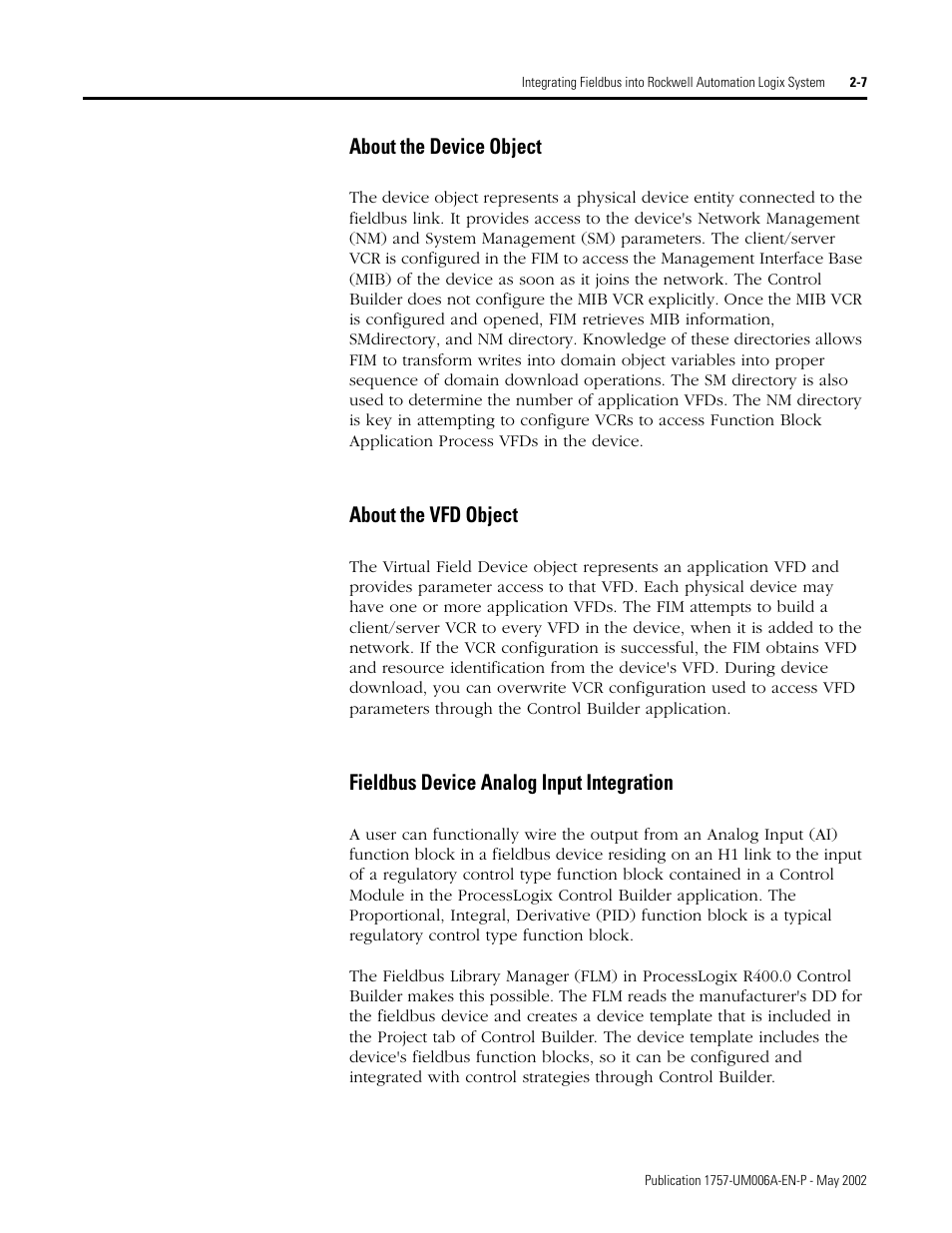 About the device object, About the vfd object, Fieldbus device analog input integration | Rockwell Automation PLC-5 Fieldbus Solutions for Integrated Architecture User Manual User Manual | Page 51 / 309