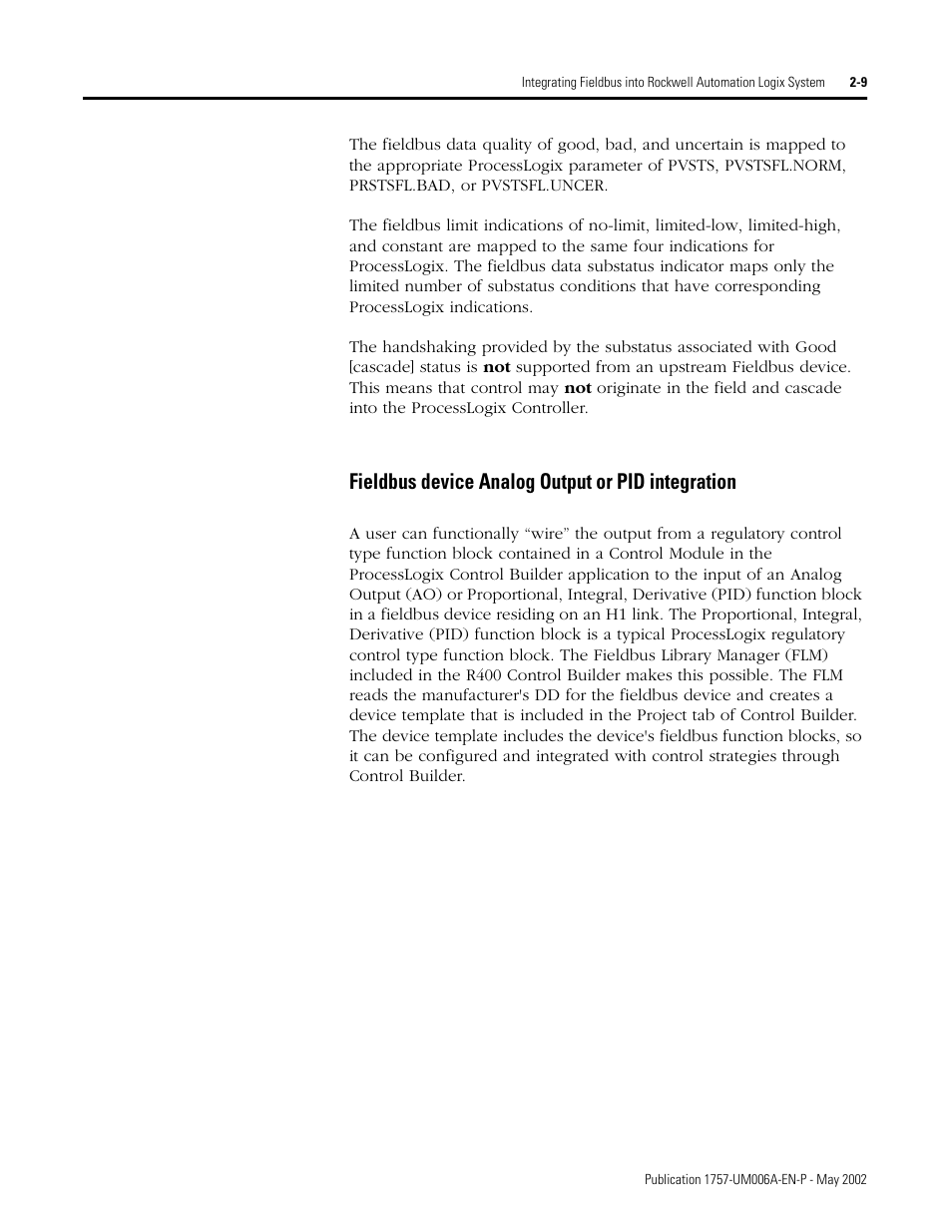 Fieldbus device analog output or pid integration | Rockwell Automation PLC-5 Fieldbus Solutions for Integrated Architecture User Manual User Manual | Page 53 / 309