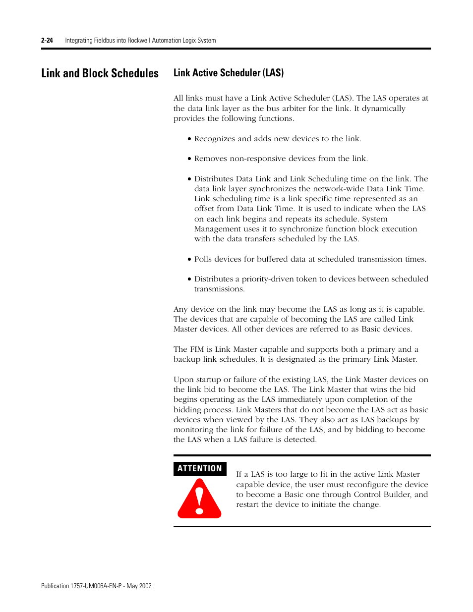 Link and block schedules, Link active scheduler (las), Link and block schedules -24 | Link active scheduler (las) -24 | Rockwell Automation PLC-5 Fieldbus Solutions for Integrated Architecture User Manual User Manual | Page 68 / 309