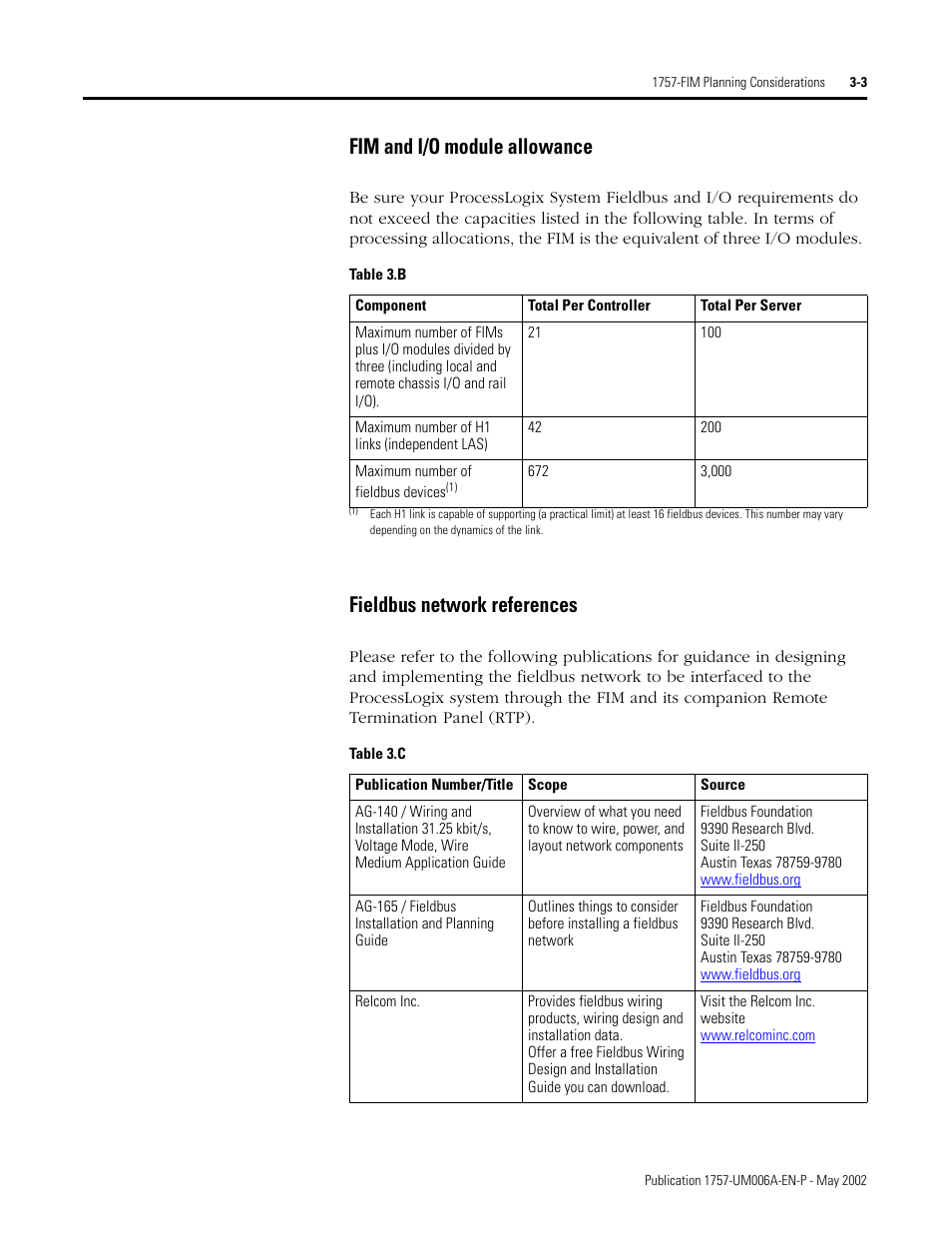 Fim and i/o module allowance, Fieldbus network references | Rockwell Automation PLC-5 Fieldbus Solutions for Integrated Architecture User Manual User Manual | Page 85 / 309