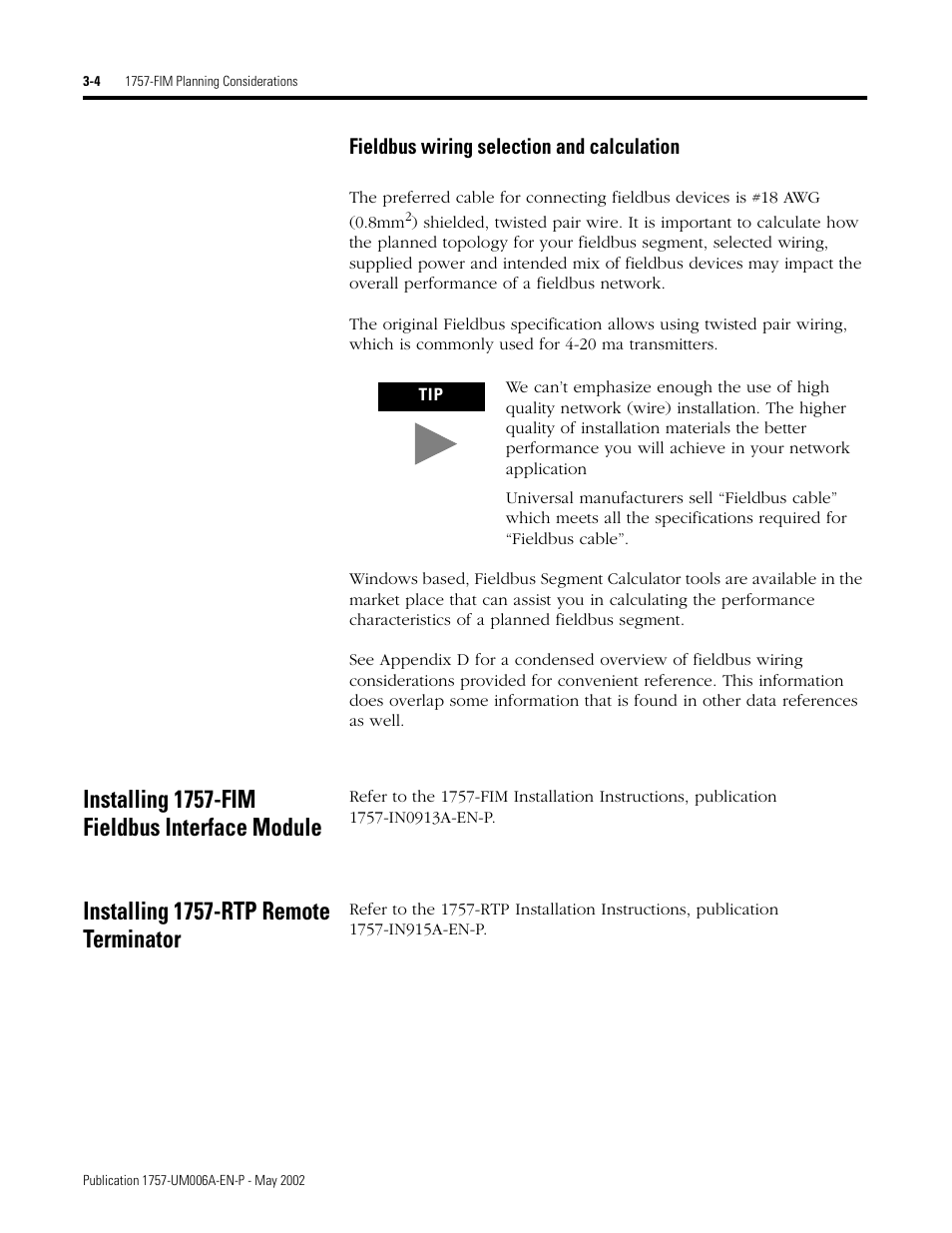 Fieldbus wiring selection and calculation, Installing 1757-fim fieldbus interface module, Installing 1757-rtp remote terminator | Fieldbus wiring selection and calculation -4 | Rockwell Automation PLC-5 Fieldbus Solutions for Integrated Architecture User Manual User Manual | Page 86 / 309