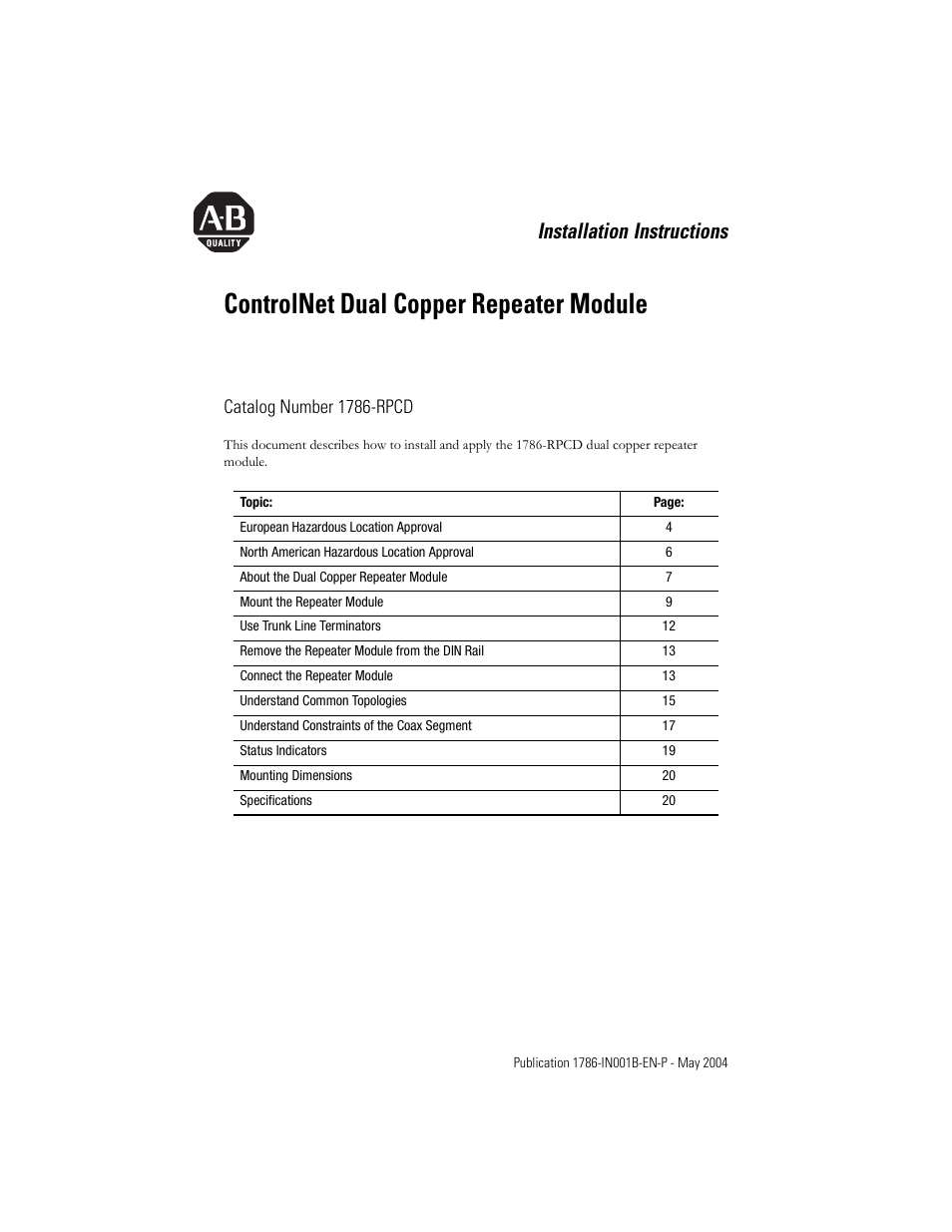 Rockwell Automation 1786-RPCD ControlNet Modular Repeater Dual Copper Module User Manual | 24 pages
