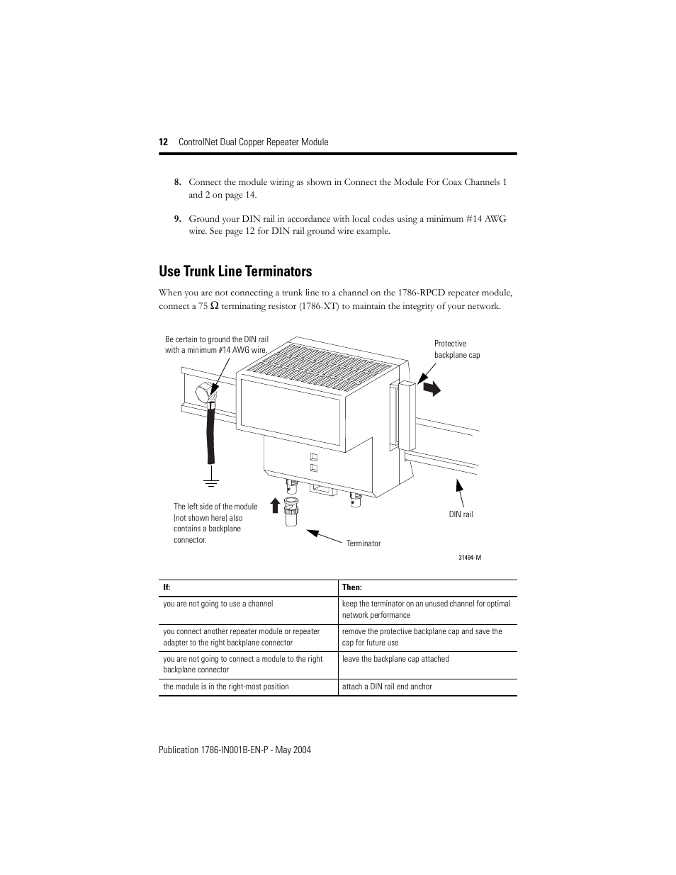 Use trunk line terminators | Rockwell Automation 1786-RPCD ControlNet Modular Repeater Dual Copper Module User Manual | Page 12 / 24