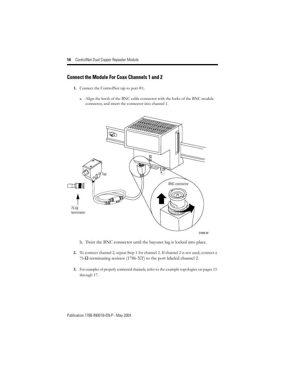 Connect the module for coax channels 1 and 2 | Rockwell Automation 1786-RPCD ControlNet Modular Repeater Dual Copper Module User Manual | Page 14 / 24