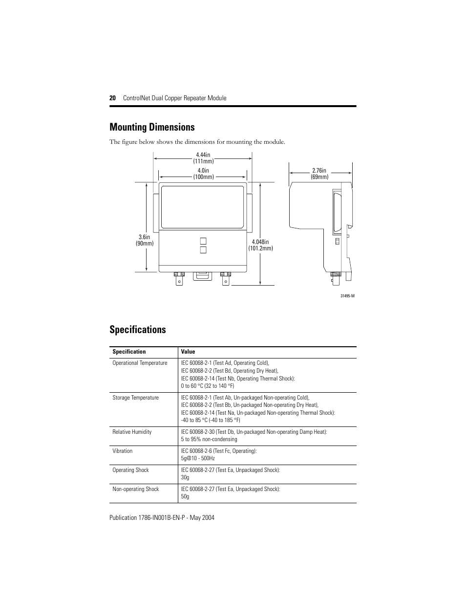 Mounting dimensions, Specifications | Rockwell Automation 1786-RPCD ControlNet Modular Repeater Dual Copper Module User Manual | Page 20 / 24