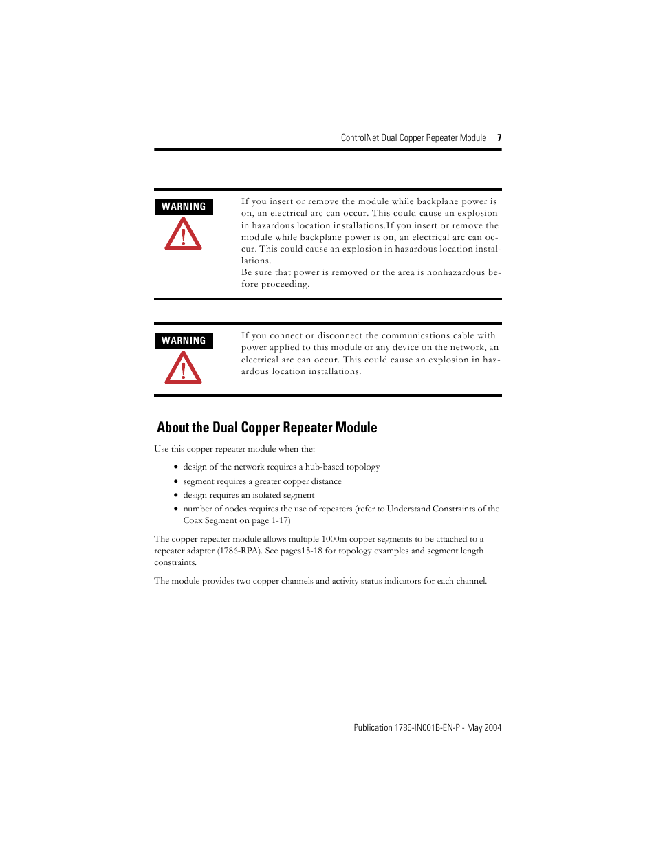 About the dual copper repeater module | Rockwell Automation 1786-RPCD ControlNet Modular Repeater Dual Copper Module User Manual | Page 7 / 24