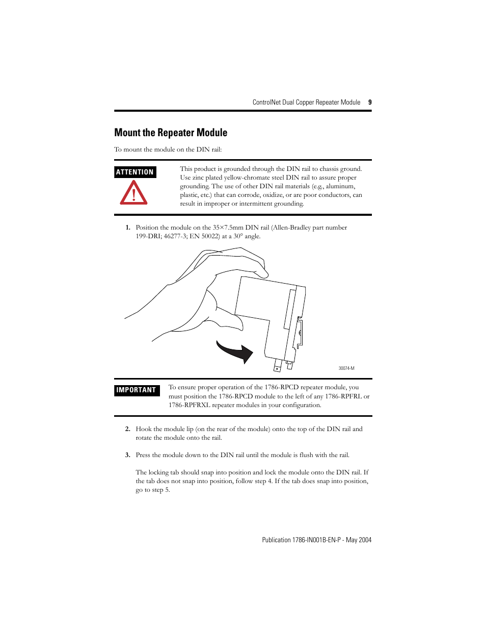Mount the repeater module | Rockwell Automation 1786-RPCD ControlNet Modular Repeater Dual Copper Module User Manual | Page 9 / 24
