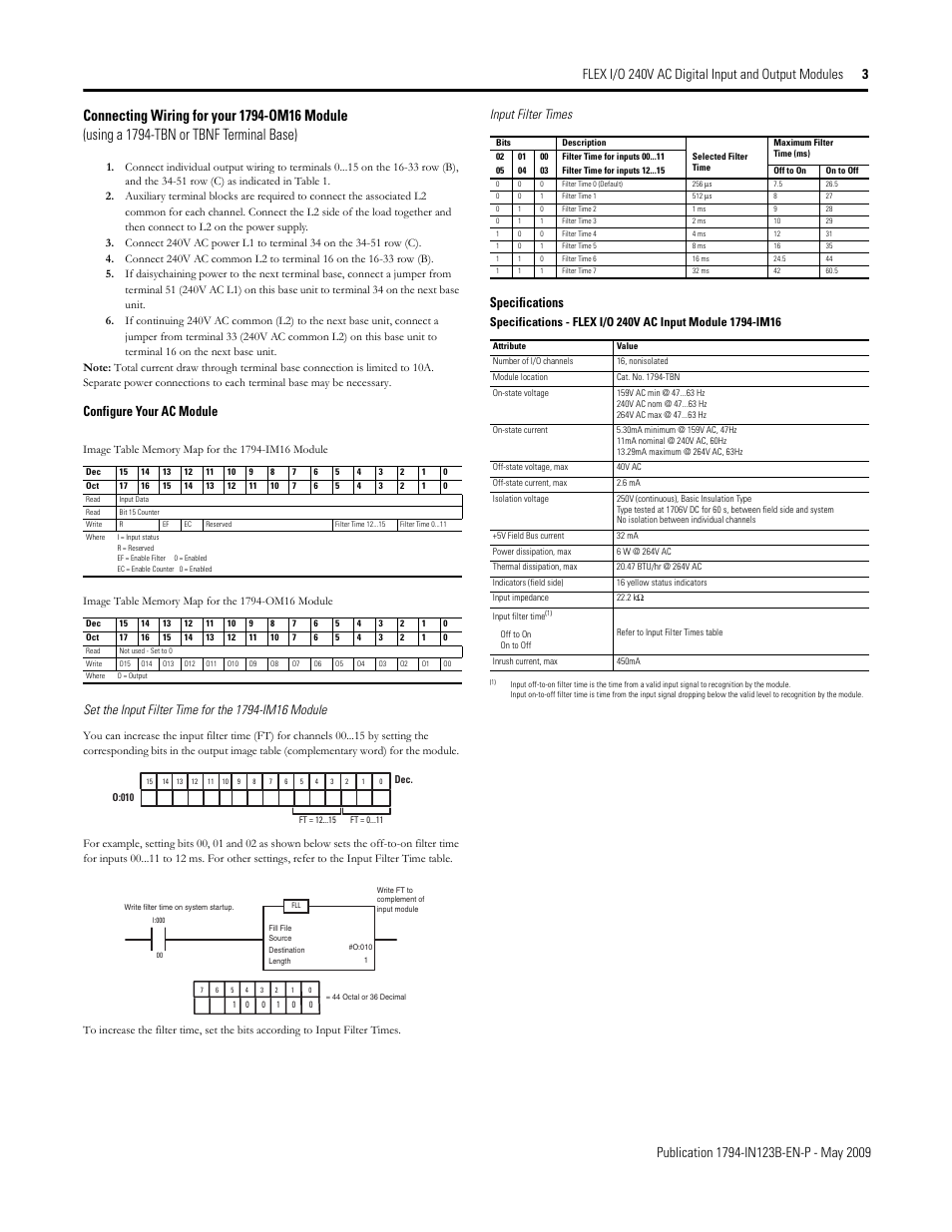 Configure your ac module, Specifications, Input filter times | Rockwell Automation 1794-IM16_OM16 FLEX I/O 240V AC Input and Output Modules User Manual | Page 3 / 4