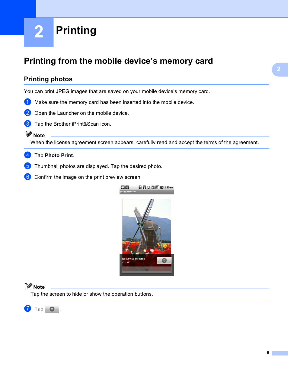 2 printing, Printing from the mobile device’s memory card, Printing photos | Printing | Brother iPrint&Scan Version A User Manual | Page 10 / 69