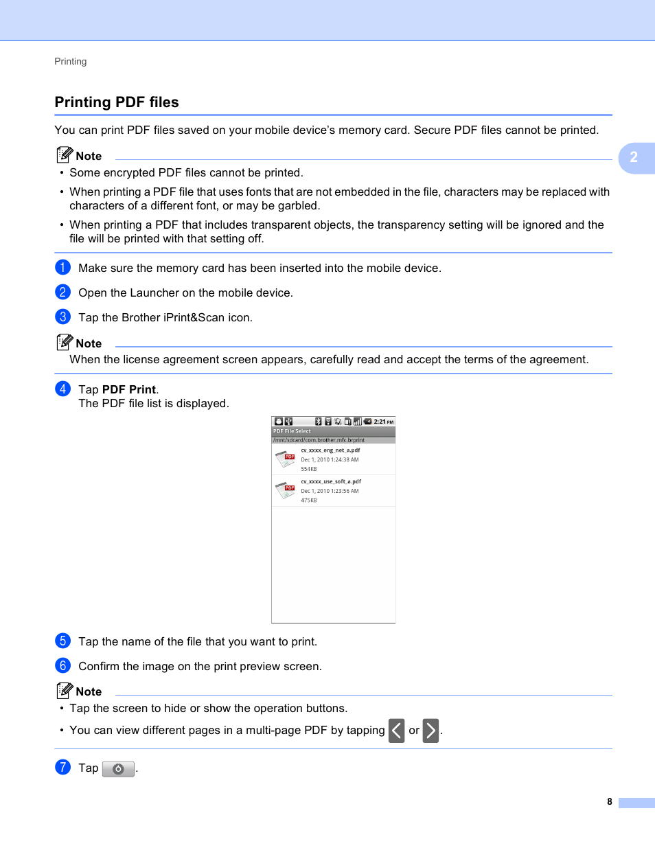 Printing pdf files, 2printing pdf files | Brother iPrint&Scan Version A User Manual | Page 12 / 69