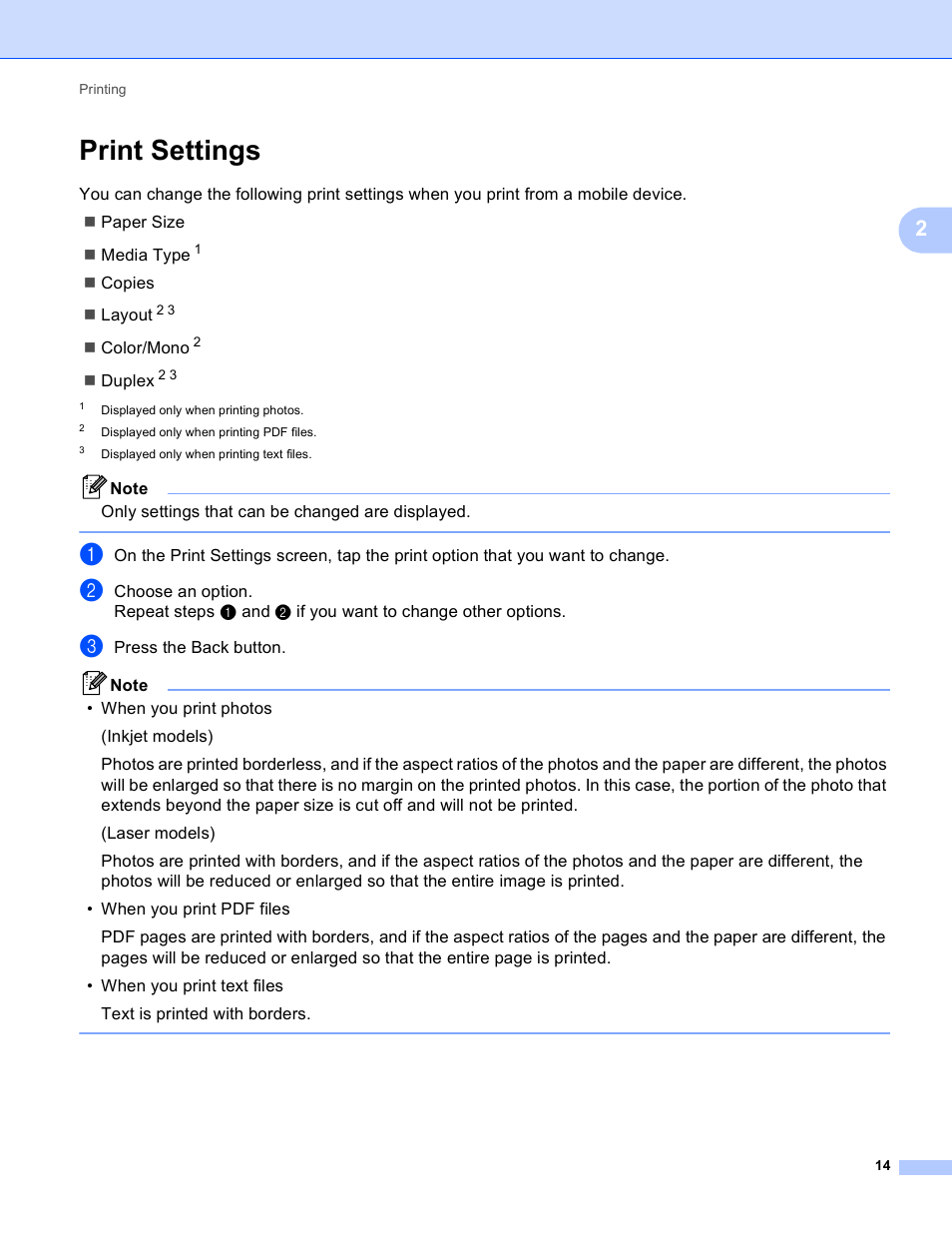 Print settings | Brother iPrint&Scan Version A User Manual | Page 18 / 69