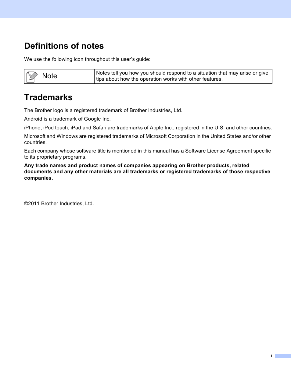 Definitions of notes, Trademarks | Brother iPrint&Scan Version A User Manual | Page 2 / 69