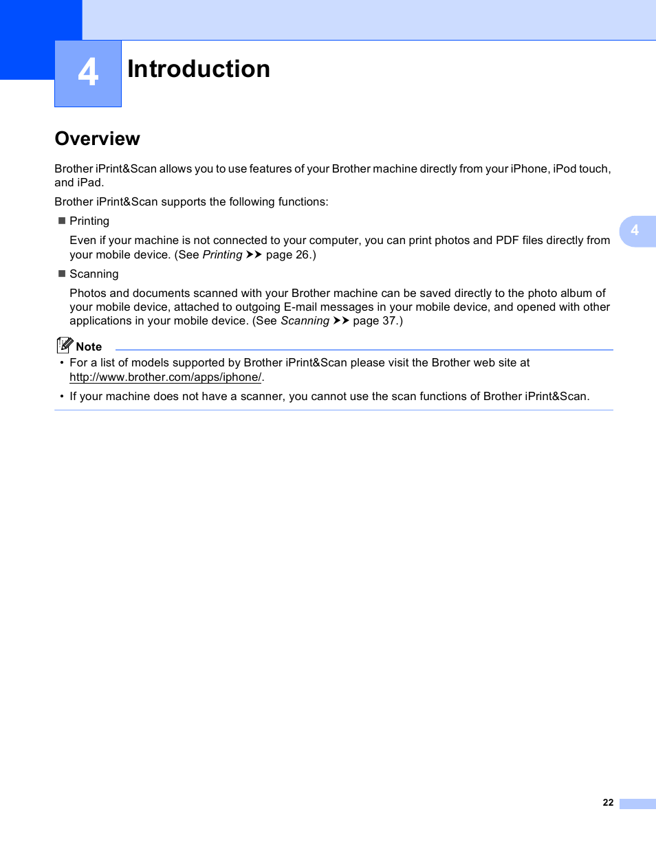 4 introduction, Overview, Introduction | Brother iPrint&Scan Version A User Manual | Page 26 / 69