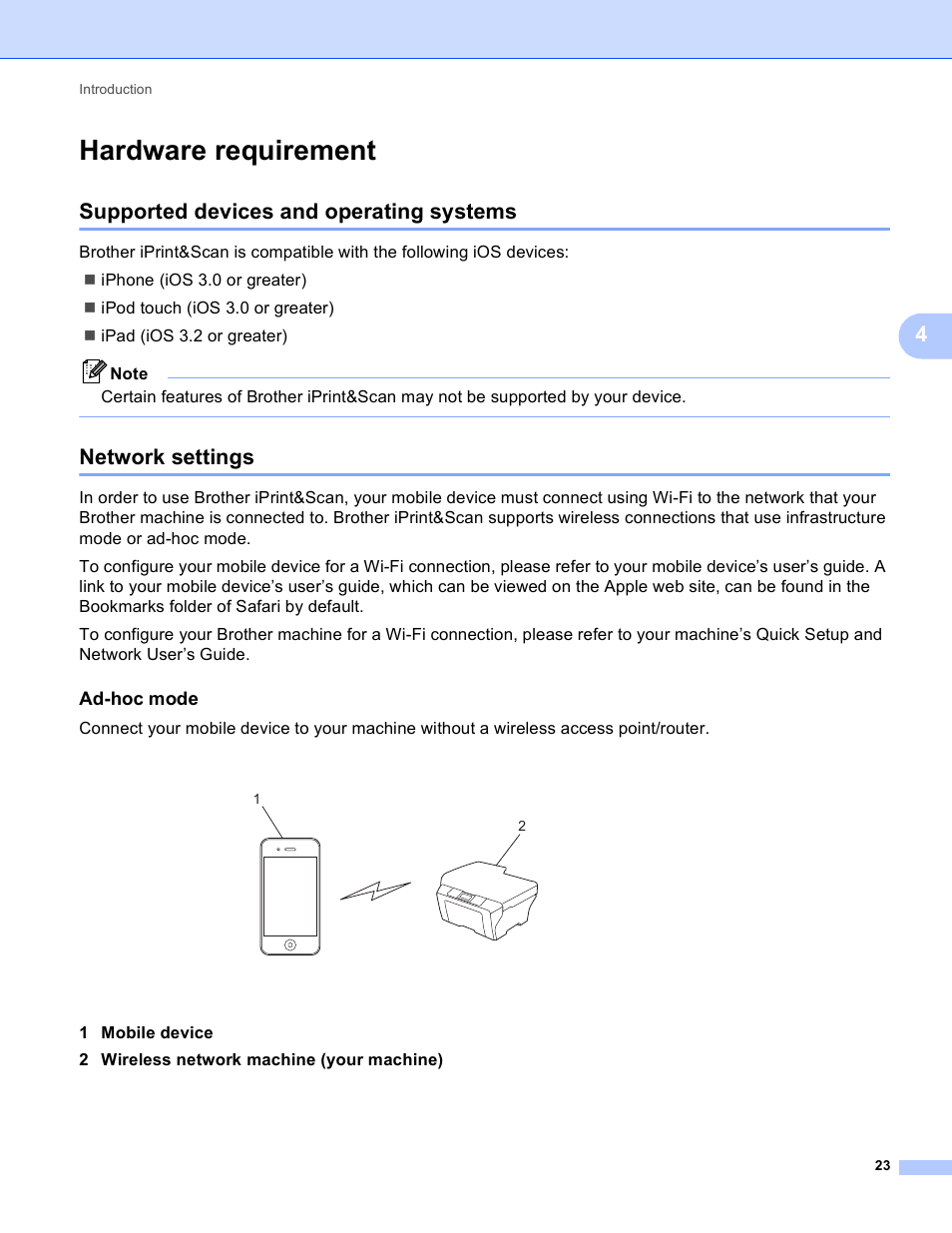 Hardware requirement, Supported devices and operating systems, Network settings | Ad-hoc mode | Brother iPrint&Scan Version A User Manual | Page 27 / 69
