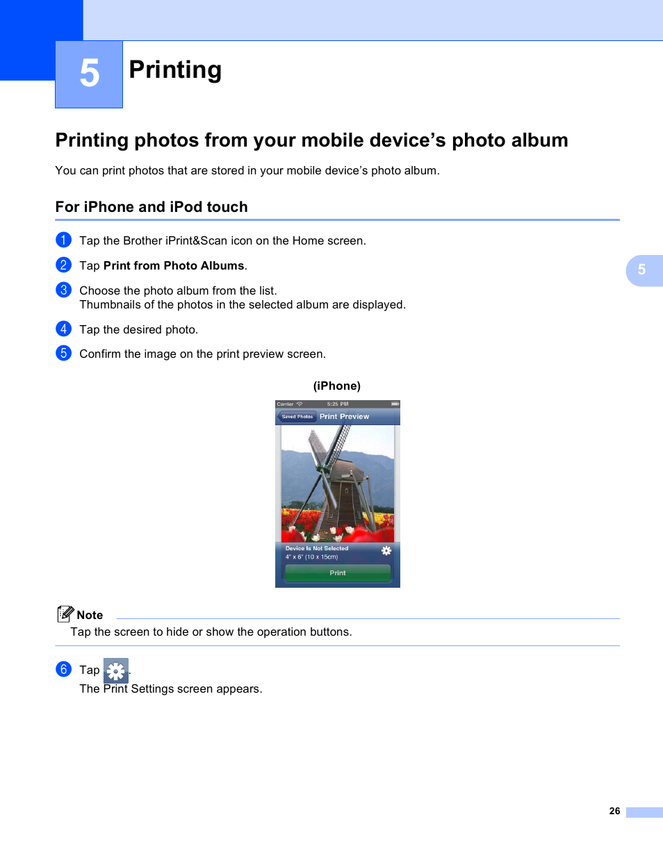 5 printing, For iphone and ipod touch, Printing | Brother iPrint&Scan Version A User Manual | Page 30 / 69