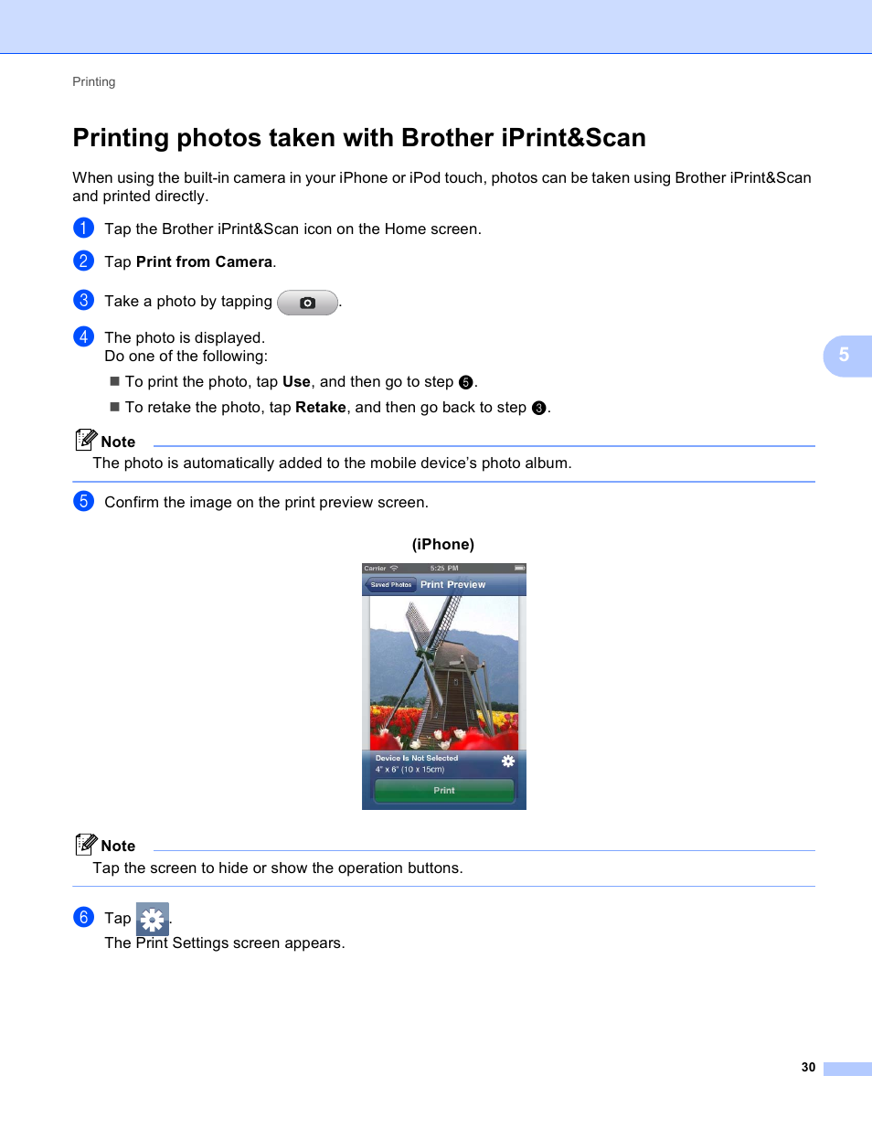 Printing photos taken with brother iprint&scan | Brother iPrint&Scan Version A User Manual | Page 34 / 69